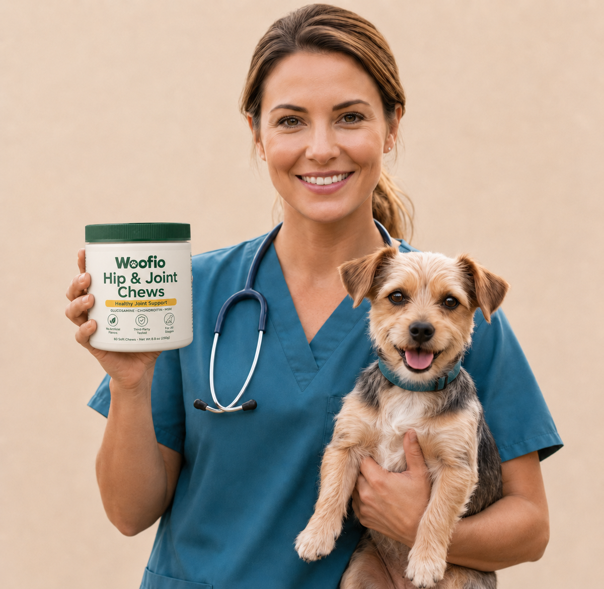 Vet holding Woofio Hip & Joint Chews with dog